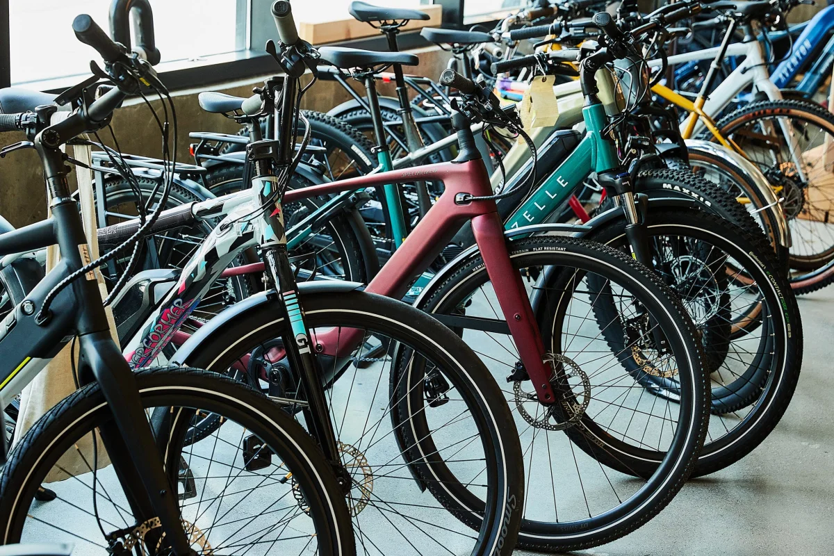 lineup of ebikes in a shop lineup of ebikes in a shop