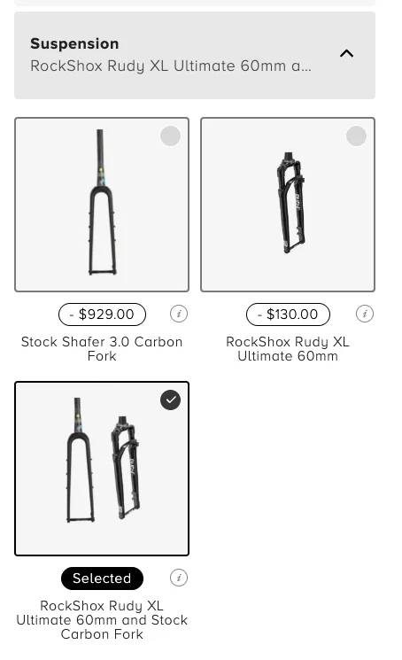 RockShox Rudy XL Ultimate 60mm and Stock Carbon Fork selection in suspension category with pricing details. RockShox Rudy XL Ultimate 60mm and Stock Carbon Fork selection in suspension category with pricing details.
